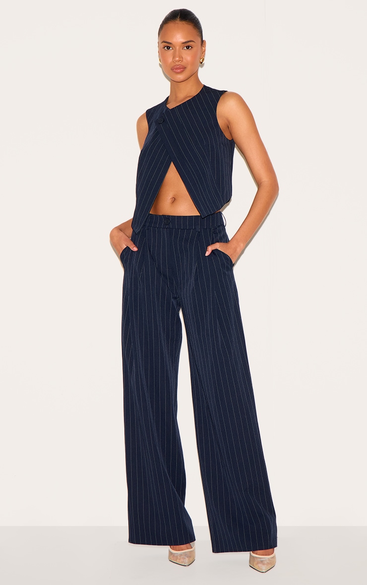 Dark Blue Tailored Woven Stripe Mid Rise Wide Leg Trousers