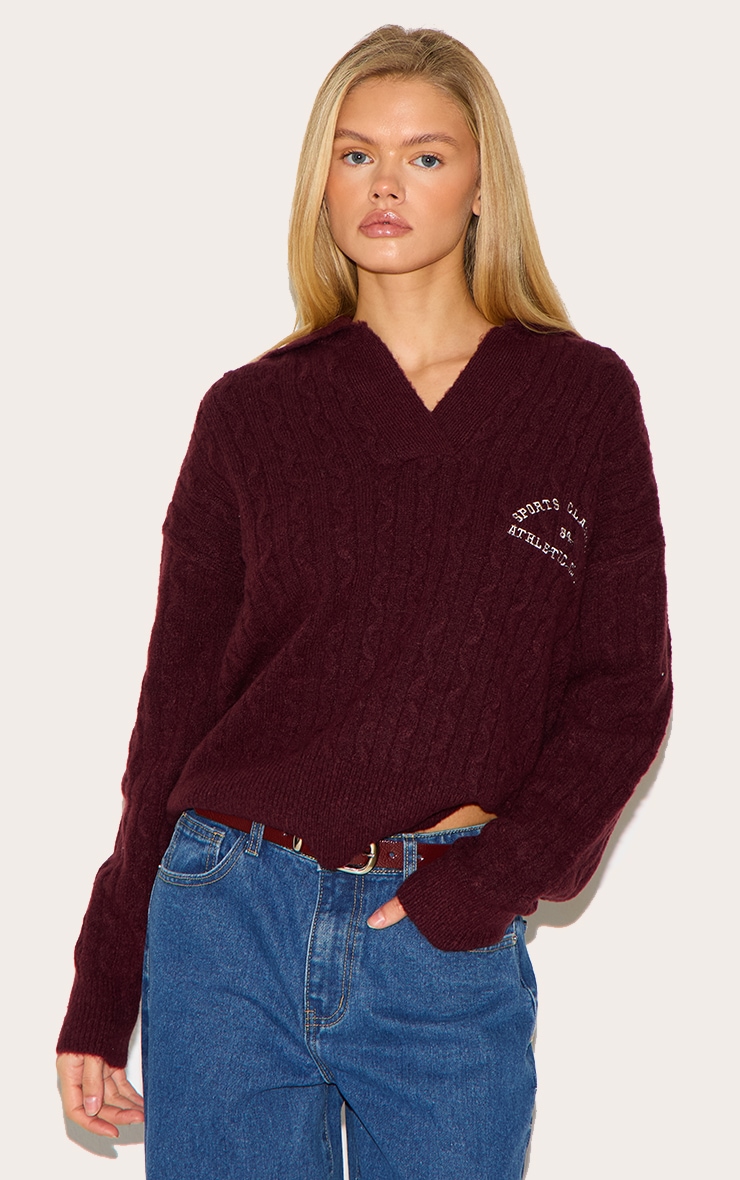 Burgundy Soft Cable Knit Embroidered Collar Detail Oversized Jumper