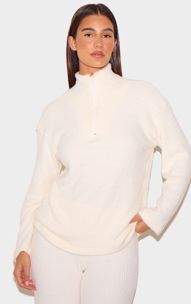 Cream Textured Soft Rib Half Zip High Neck Oversized Long Top