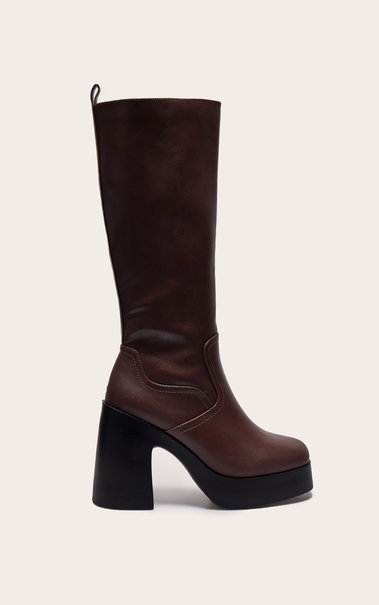 Chocolate PU Wide Fit Square Toe Block Heel Slight Platform Knee High Boots