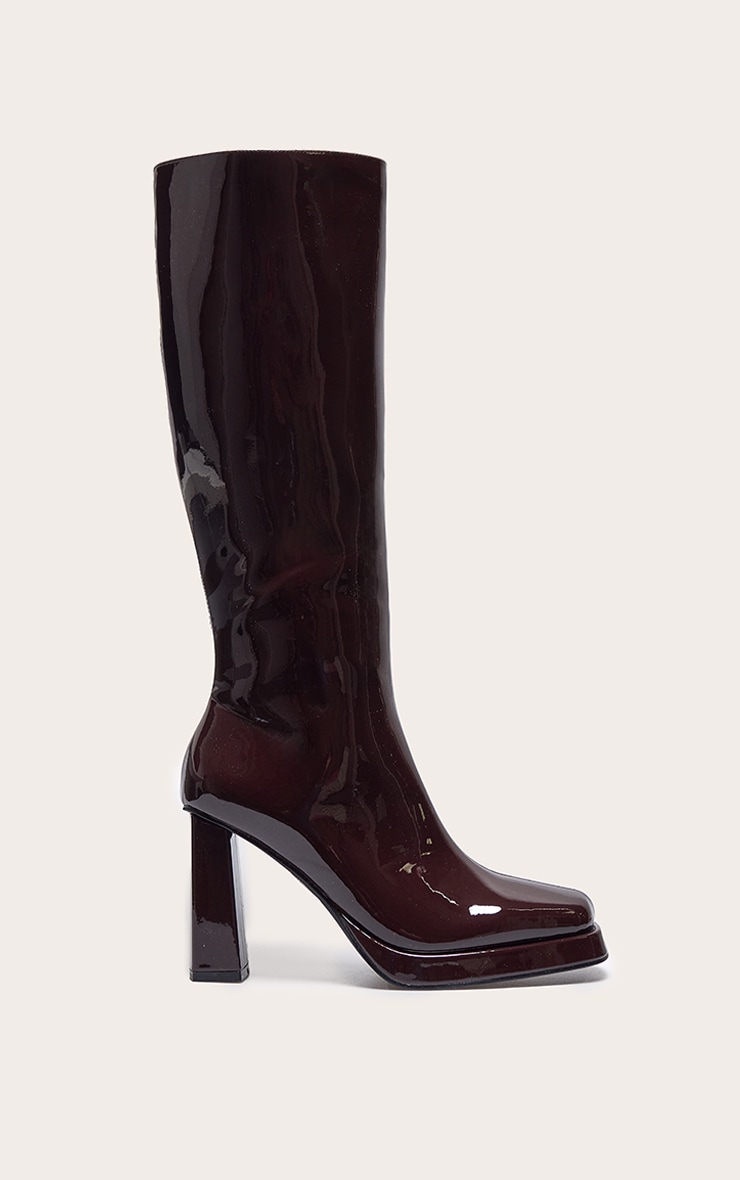 Chocolate Patent PU Square Toe Slight Platform Knee High Heeled Boots