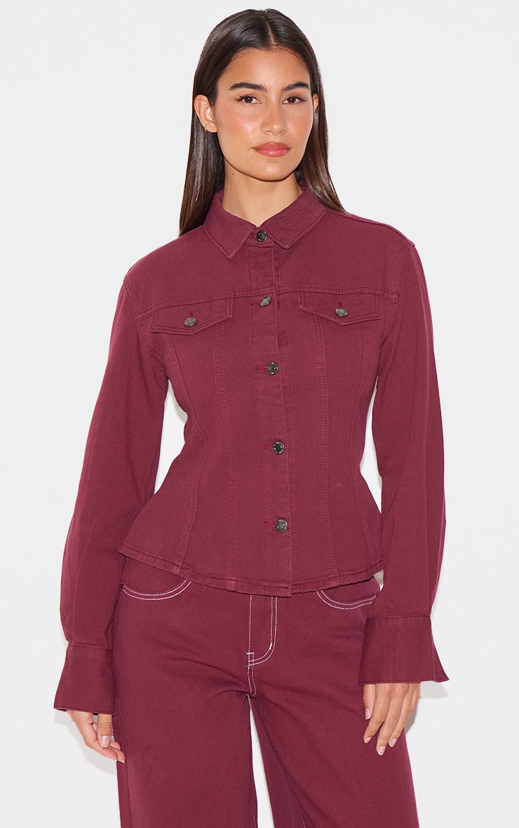 Burgundy Long Sleeve Cinch Waist Denim Jacket