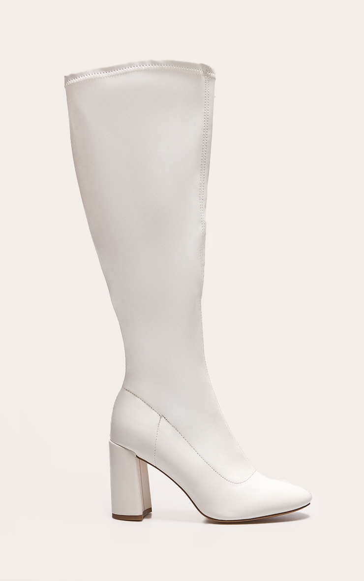 Cream PU Wide Fit Round Toe Knee High Block Heeled Sock Boots