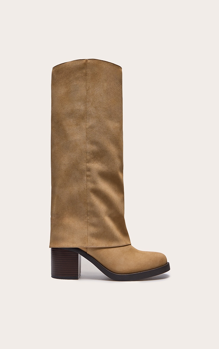 Taupe Faux Nubuck Round Toe Fold Over Low Block Heel Boots