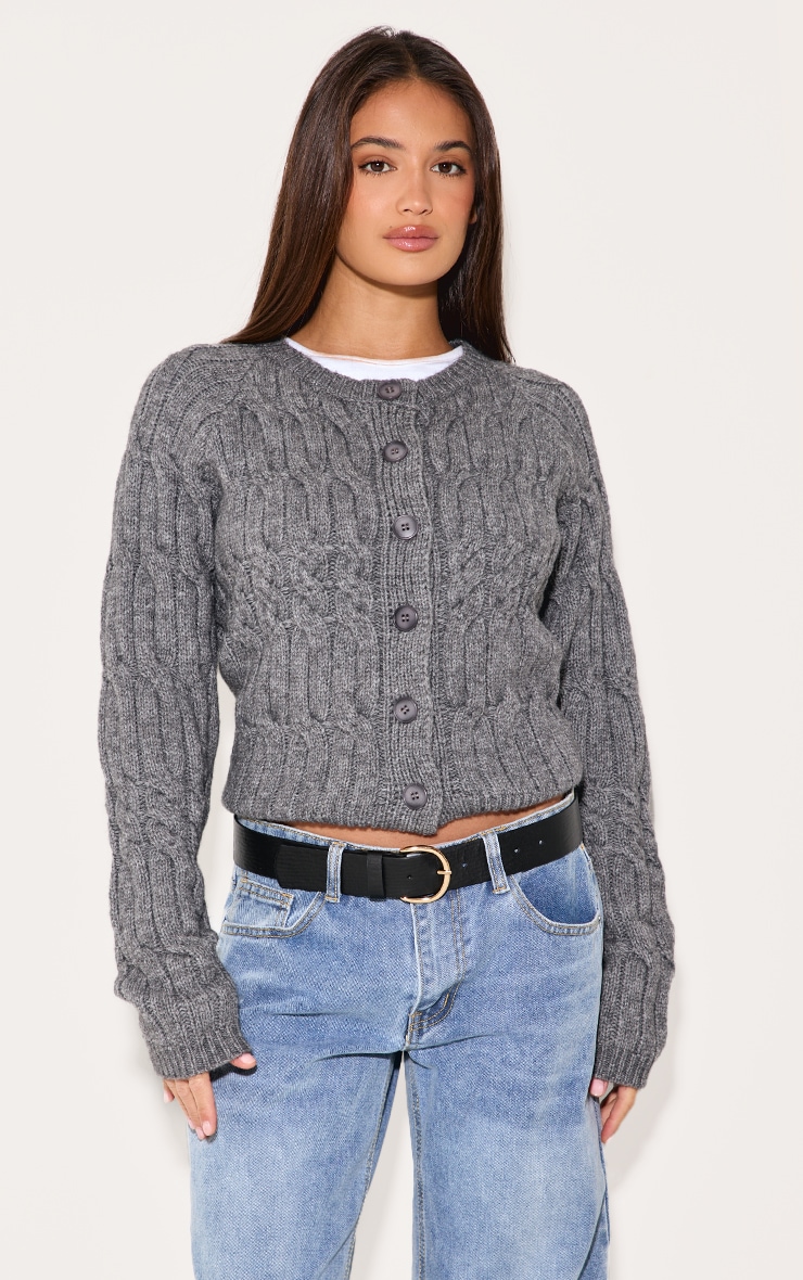 Charcoal Cable Knit Button Up Cardigan