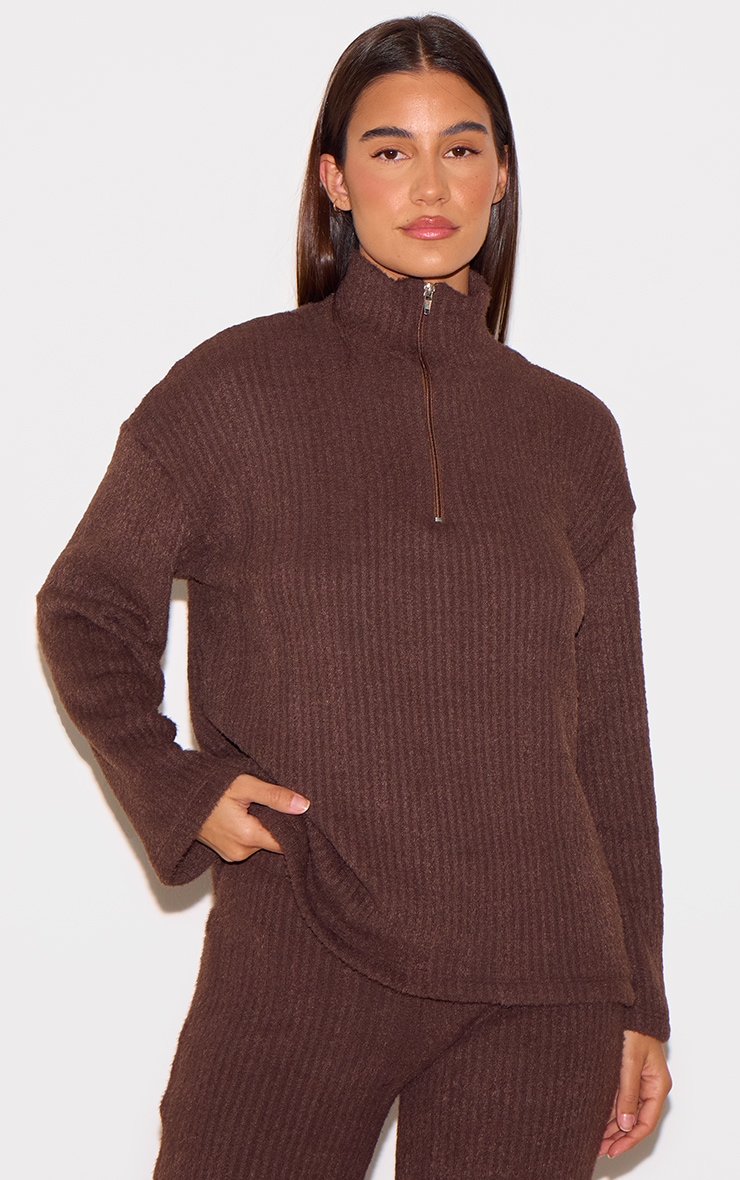 Chocolate Textured Soft Rib Half Zip High Neck Oversized Long Top
