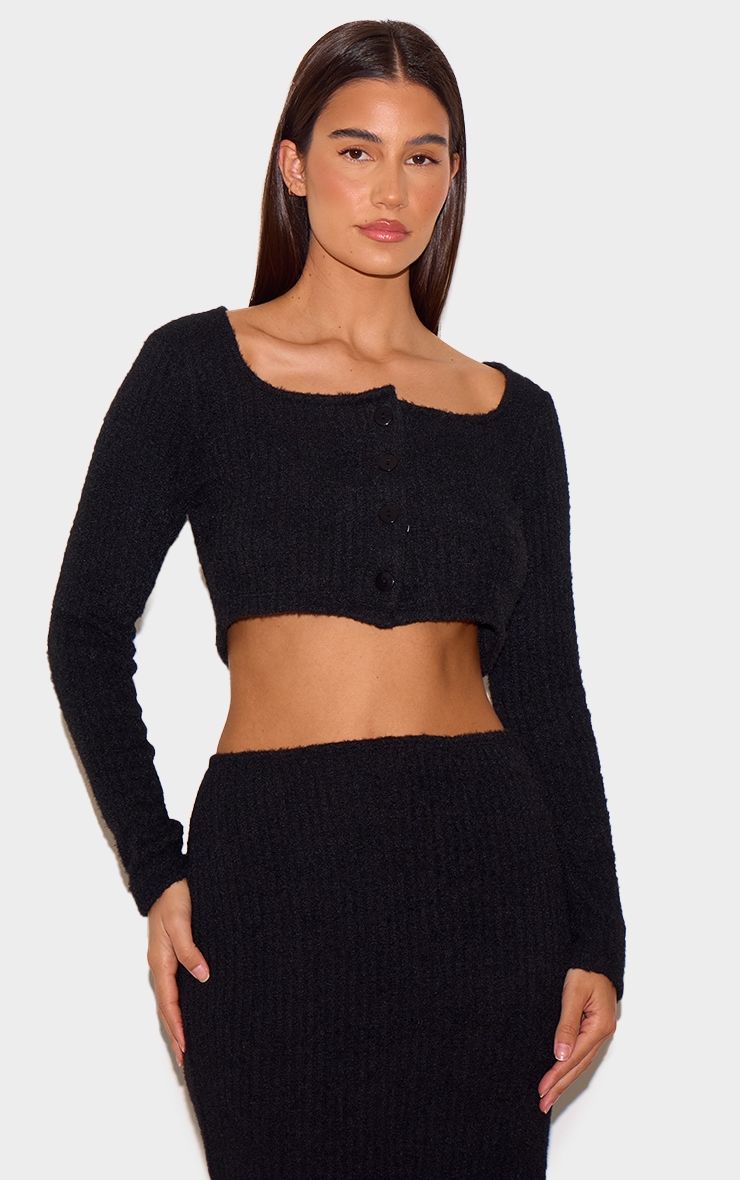 Black Textured Soft Rib Square Neck Button Crop Top