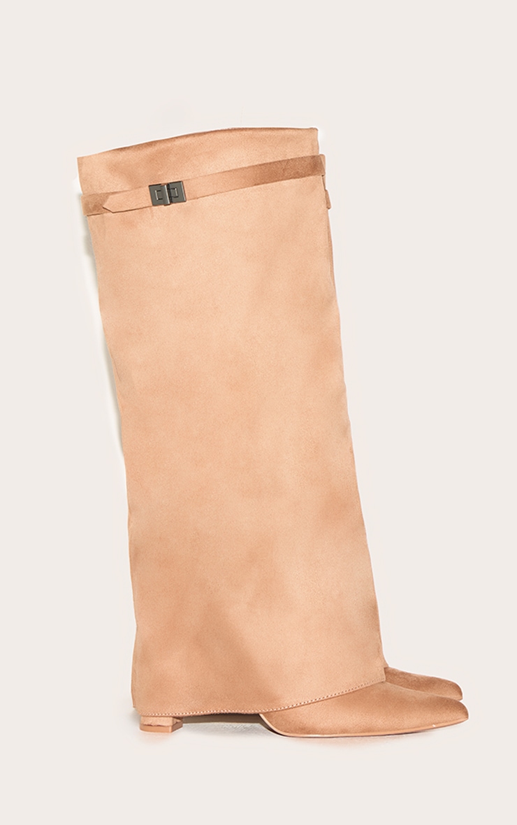 Camel Faux Suede Point Toe Fold Over Knee Block Heeled Boots