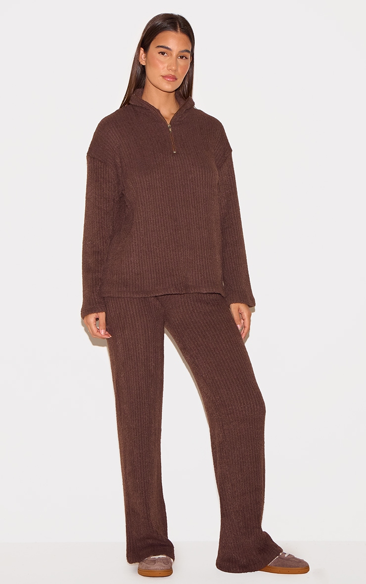 Chocolate Textured Soft Rib Mid Rise Straight Leg Trousers