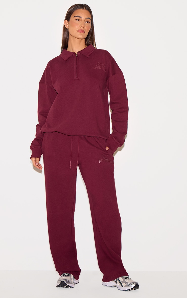 PRETTYLITTLETHING Burgundy Premium Studio Archives Straight Leg Joggers
