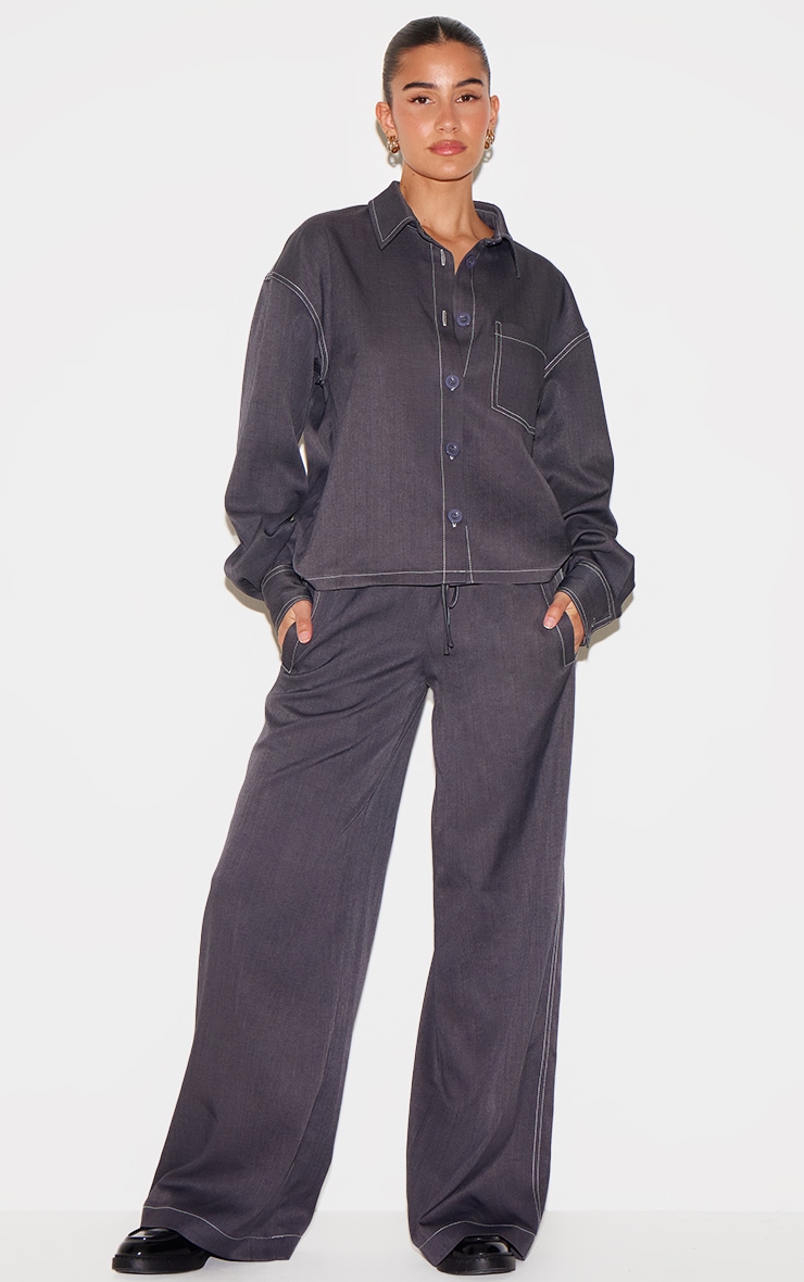 Charcoal Woven Contrast Stitch Wide Leg Trousers