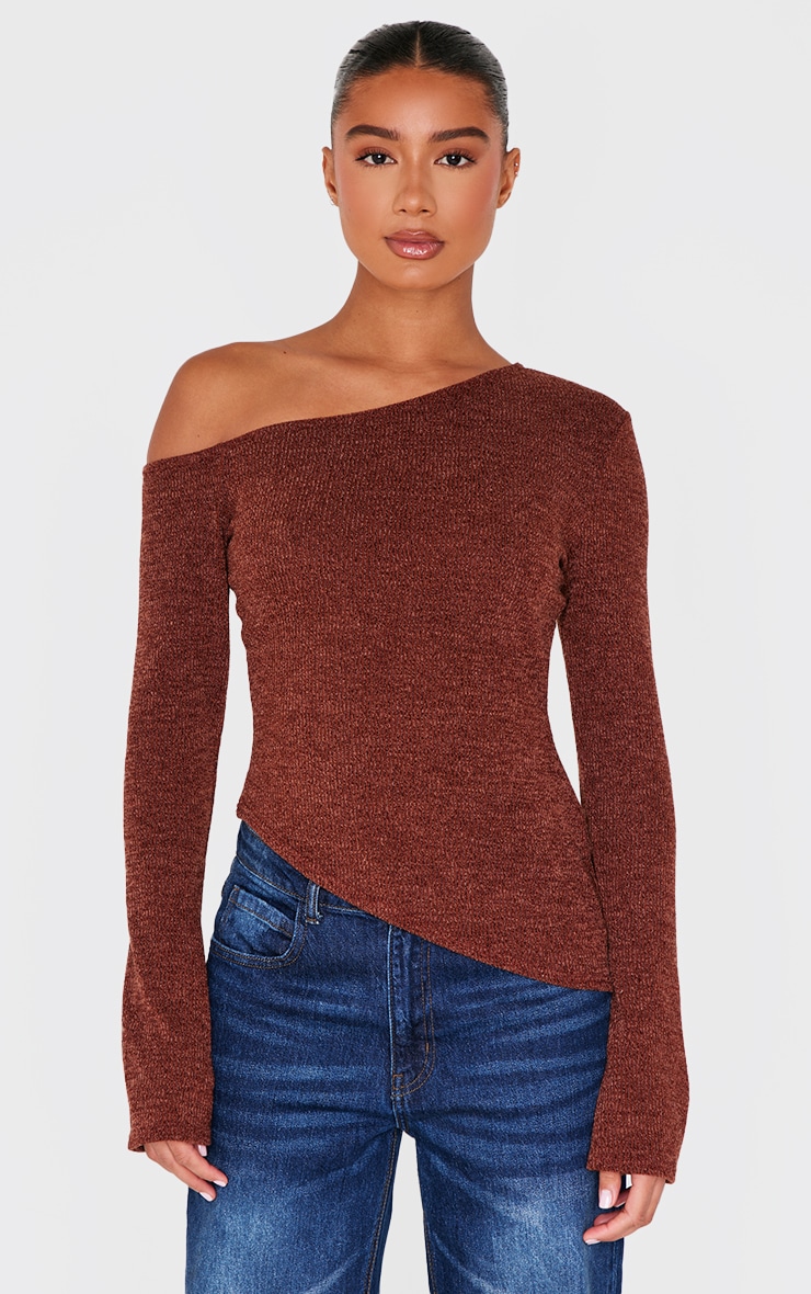 Brown Textured Asymmetric Flared Sleeve Long Top