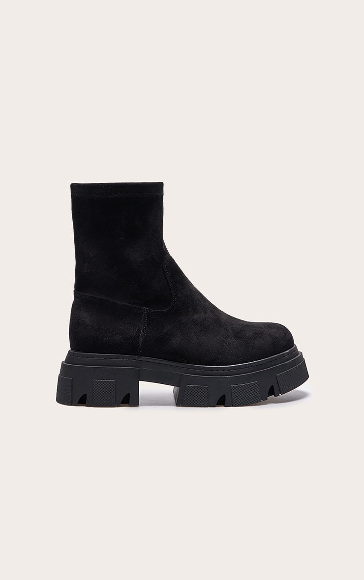 Black Wide Fit Faux Suede Extreme Cleated Sole Ankle Sock Boots