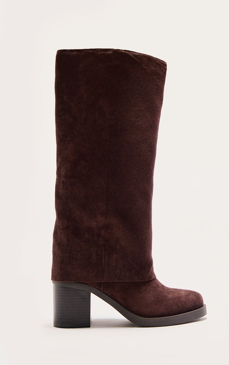 Chocolate Faux Suede Round Toe Fold Over Low Block Heel Boots
