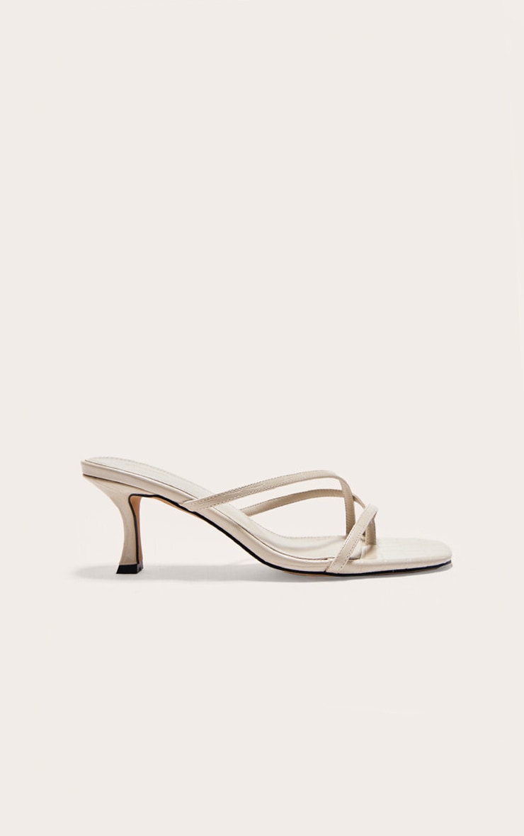 Cream Croc PU Square Toe Strappy Toe Thong Mid Stiletto Heeled Mules