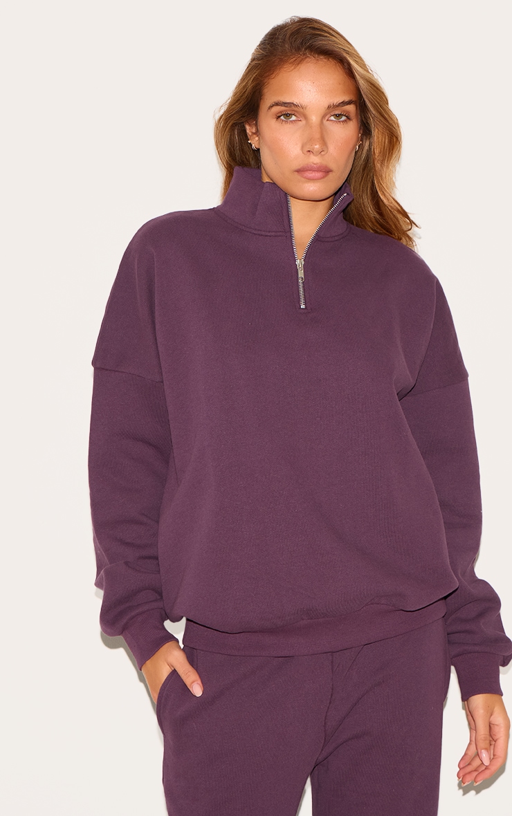 Dark Plum Premium High Neck Quarter Zip Oversized Sweatshirt