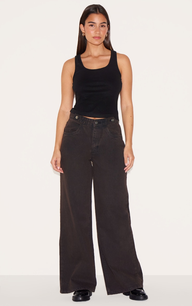 Dark Chocolate Mid Rise Button Waistband Wide Leg Jeans