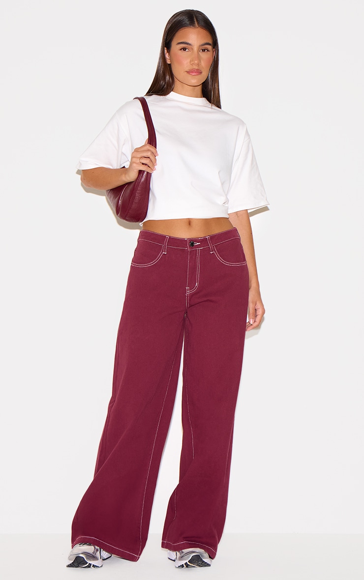 Burgundy Contrast Stitch Mid Waist Wide Leg Jeans