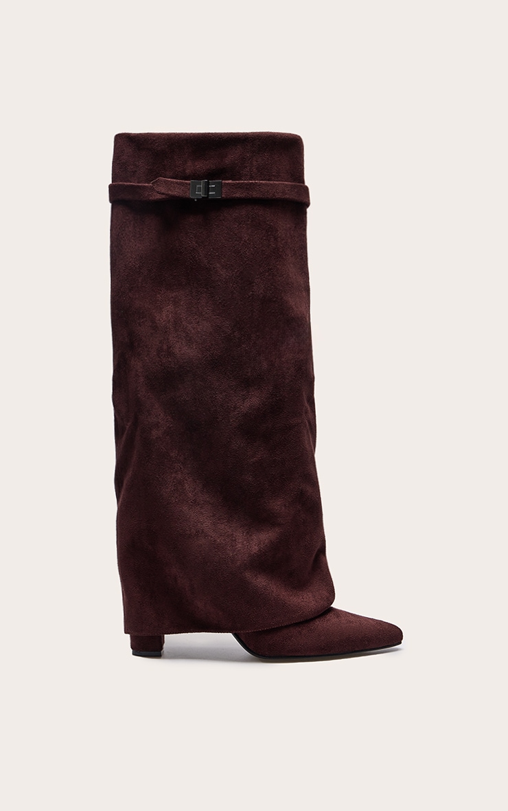 Chocolate Faux Suede Point Toe Fold Over Knee Block Heeled Boots
