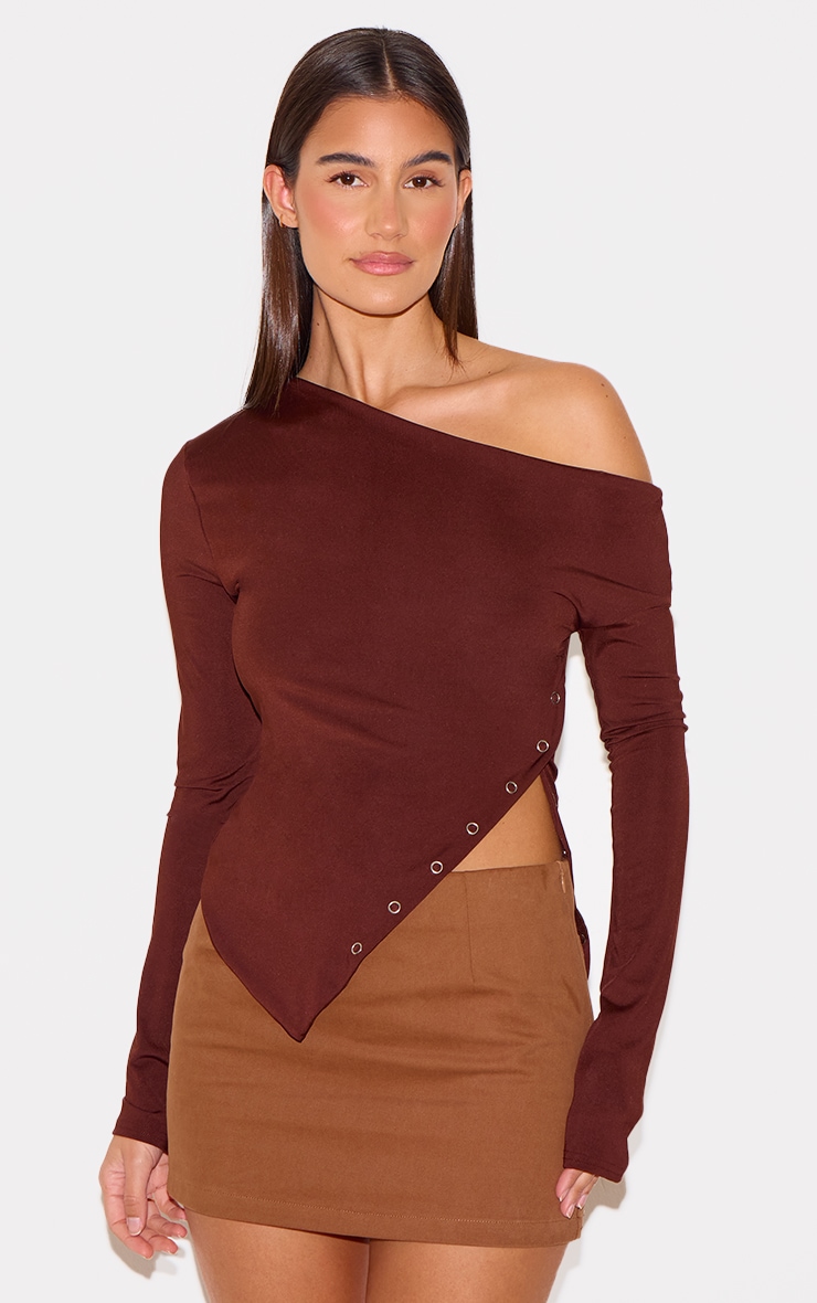 Chocolate Slinky Popper Detail Asymmetric Neck Long Sleeve Top