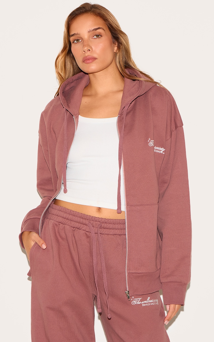  Mauve Healthy Body & Mind Premium Embroidered Zip Front Oversized Hoodie